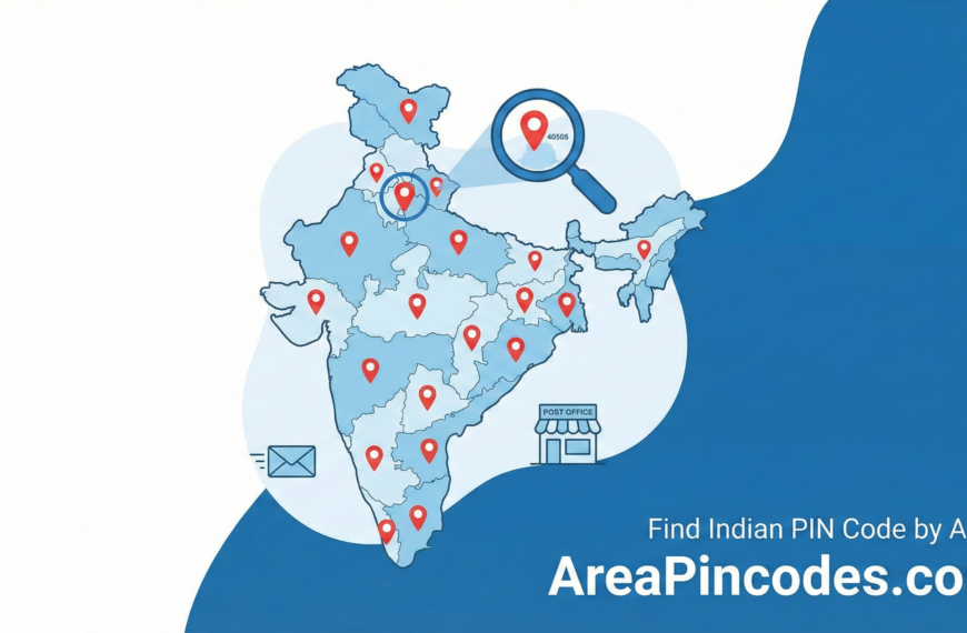 Map of India with area-wise location pins and a magnifying glass, showing how to find Indian PIN code by area on AreaPincodes.com.
