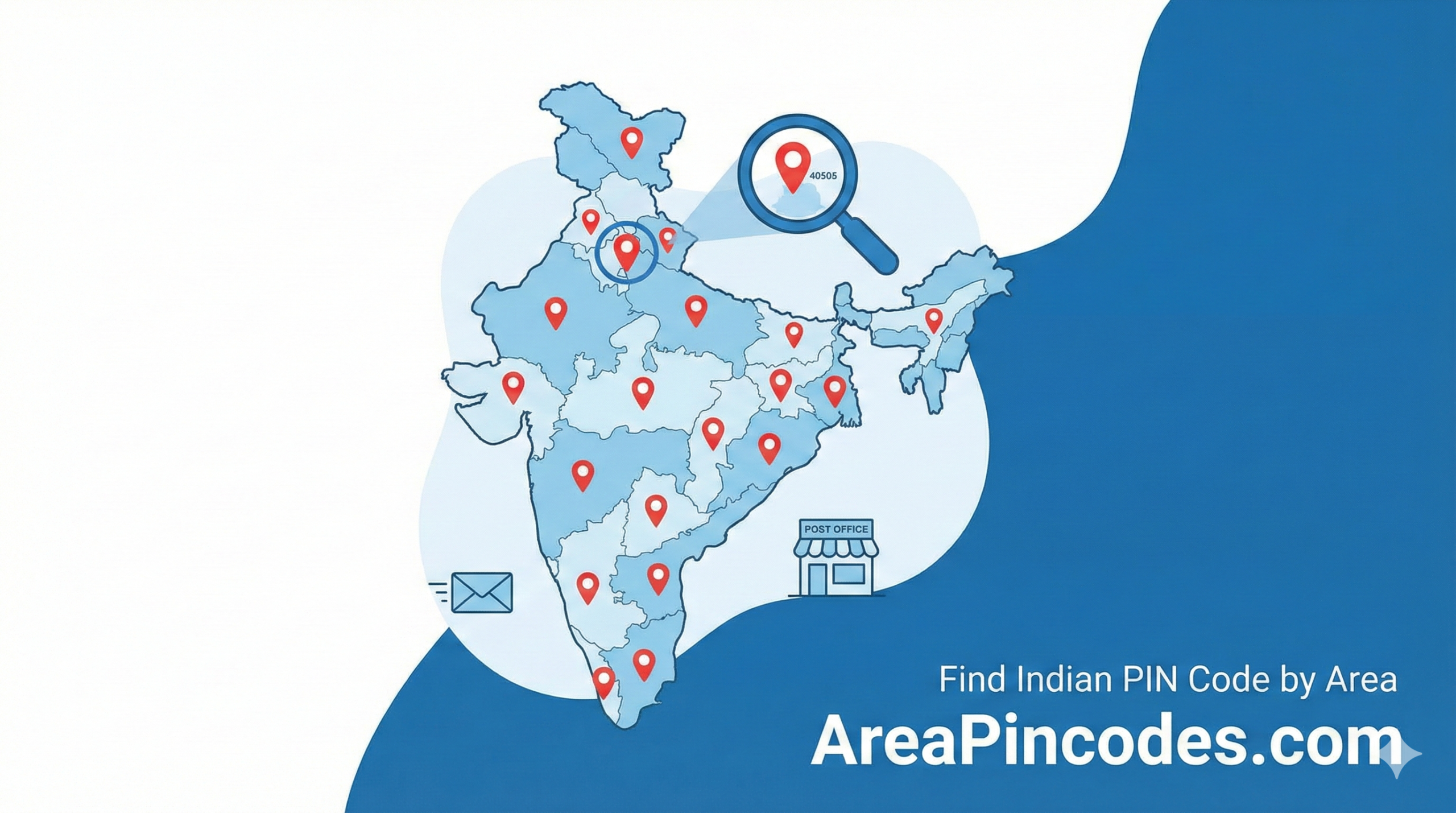 Map of India with area-wise location pins and a magnifying glass, showing how to find Indian PIN code by area on AreaPincodes.com.
