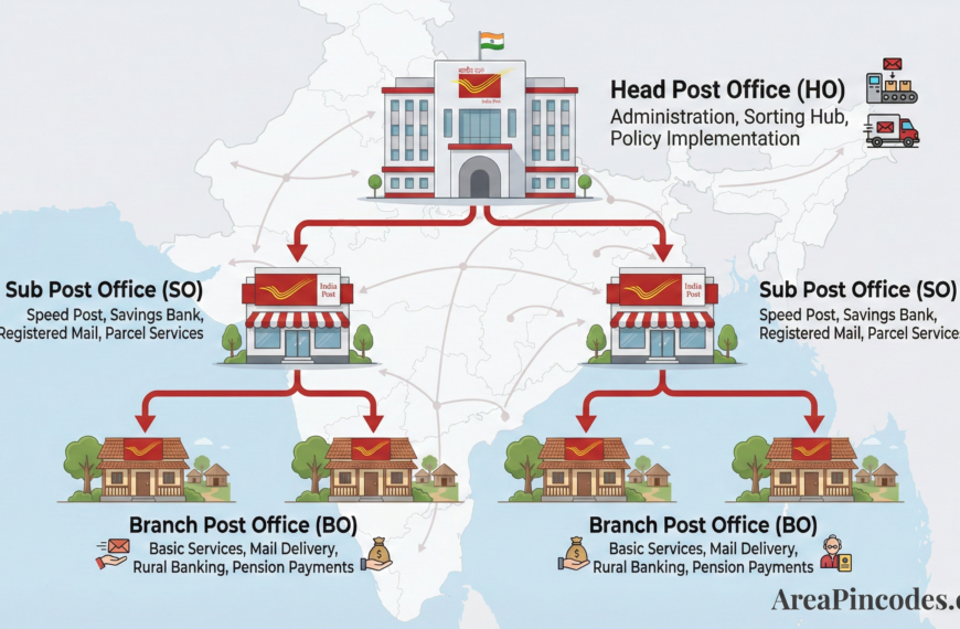 HO, SO and BO post office types in India explained with hierarchy diagram – AreaPincodes.com