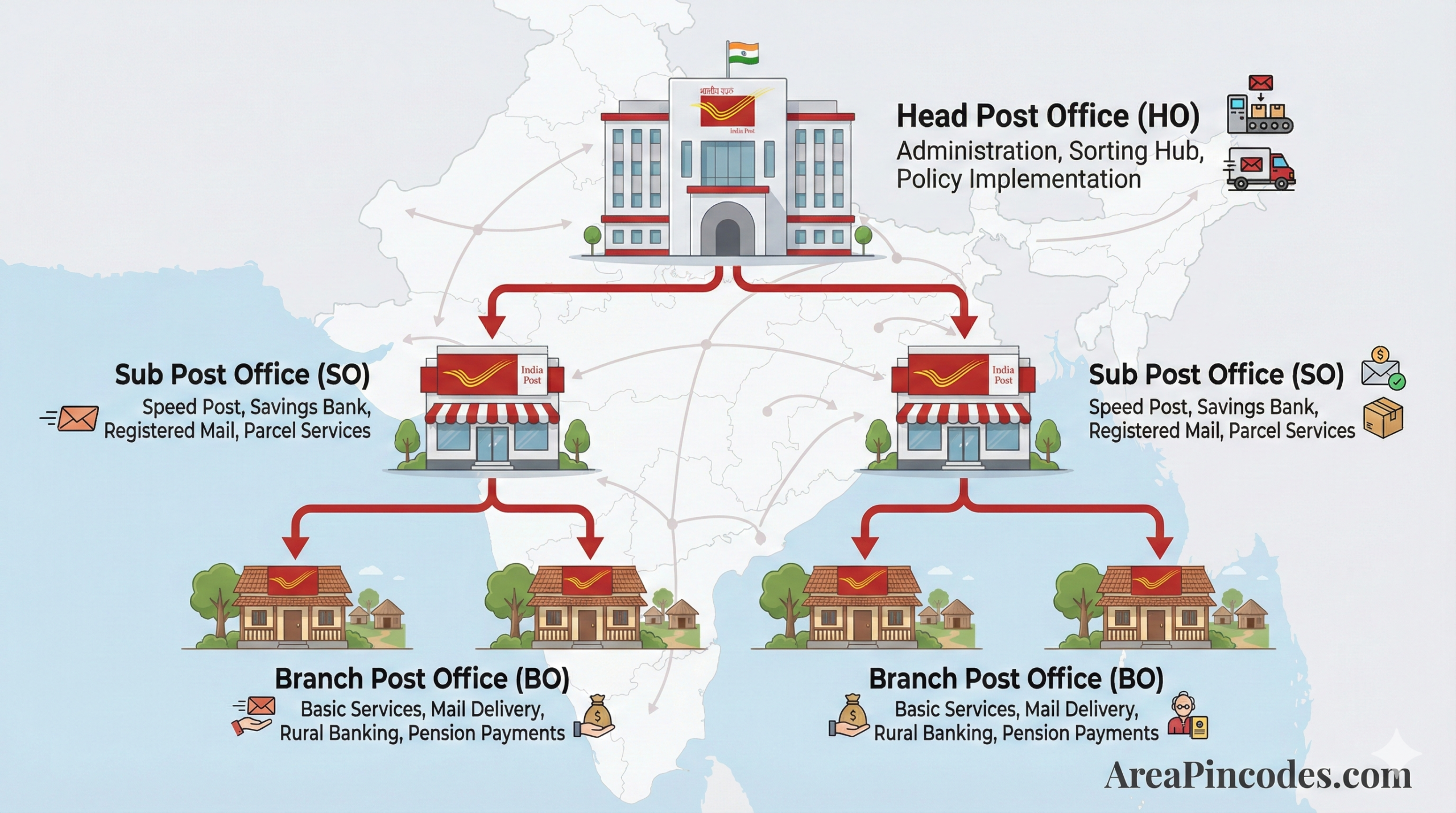 HO, SO and BO post office types in India explained with hierarchy diagram – AreaPincodes.com