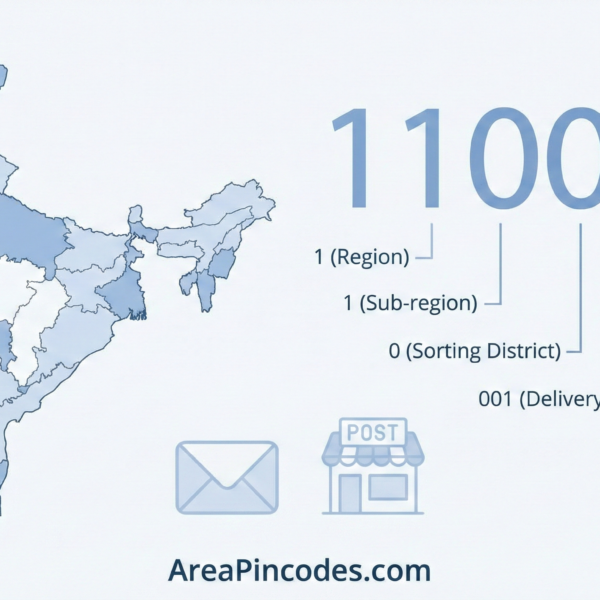 Indian PIN code structure showing how the 6-digit postal code works across regions in India