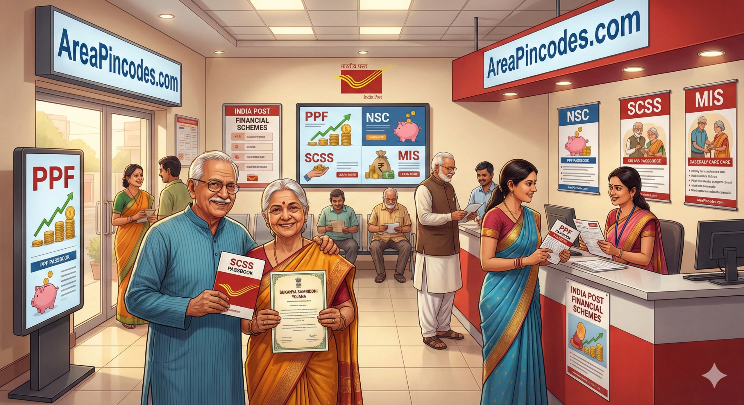 India Post office with savings schemes including PPF, SSY, MIS, NSC, and SCSS – AreaPincodes.com