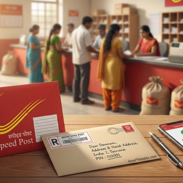Comparison of India Post Speed Post and Registered Post envelopes with PIN code label and tracking information, featuring AreaPincodes.com.