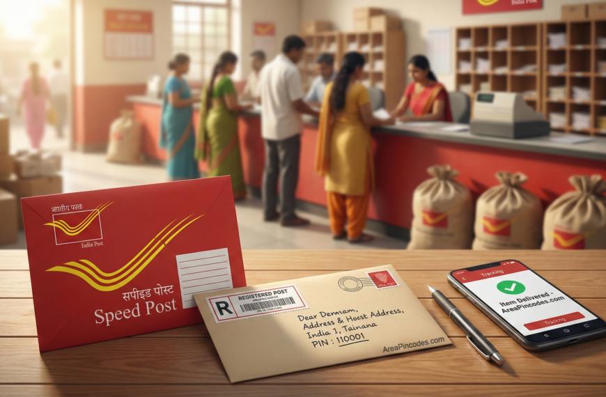 Comparison of India Post Speed Post and Registered Post envelopes with PIN code label and tracking information, featuring AreaPincodes.com.