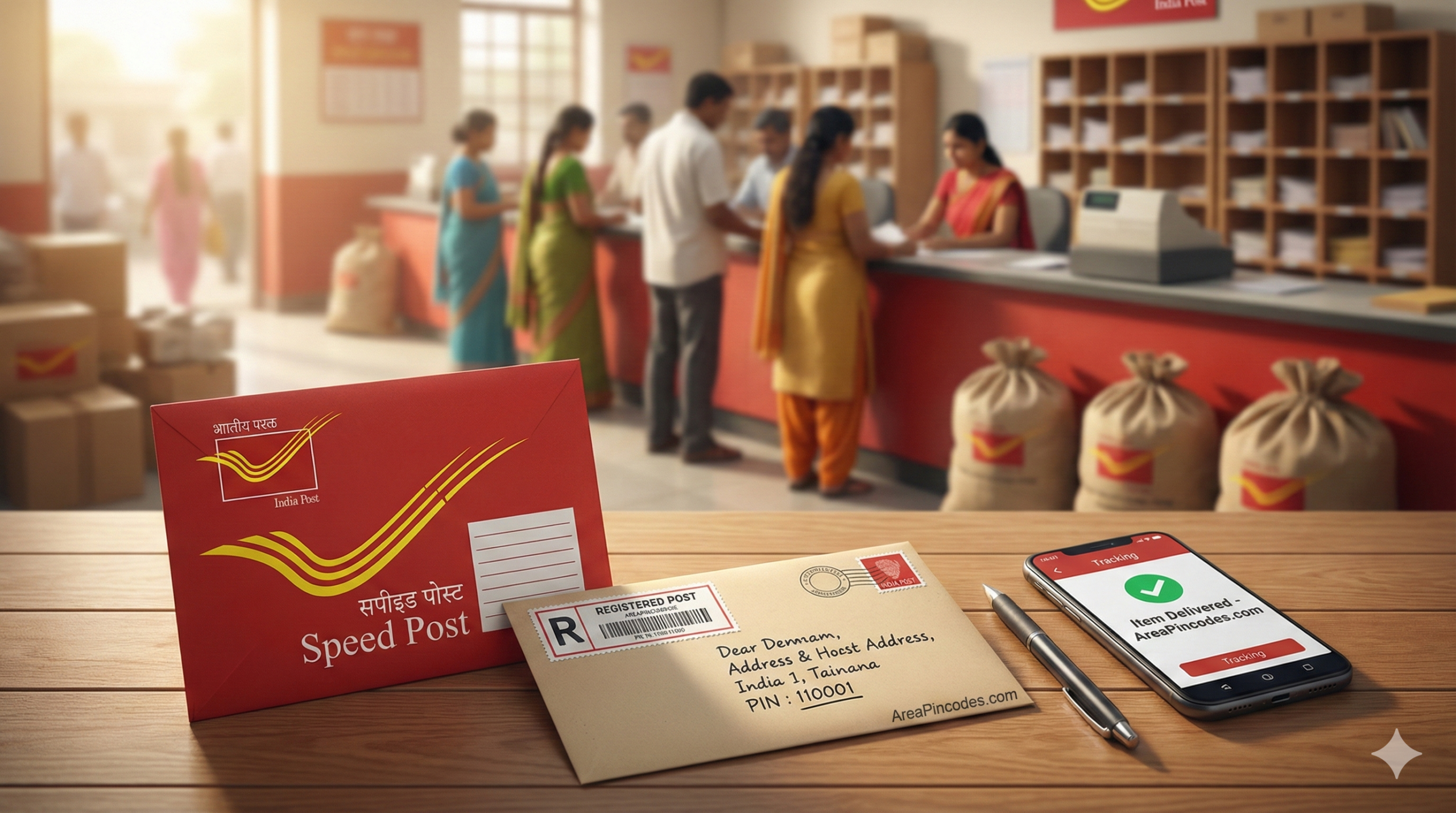 Comparison of India Post Speed Post and Registered Post envelopes with PIN code label and tracking information, featuring AreaPincodes.com.